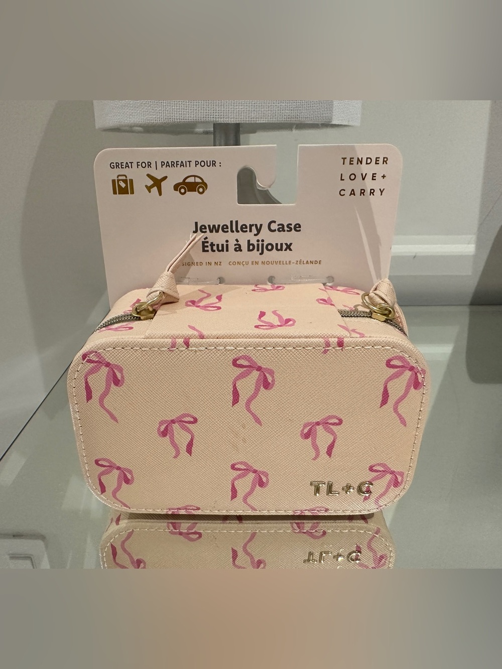 NWT Tangle Free Jewellery Pink Bow Print Jewelry Case - Cream & Pink Ribbon